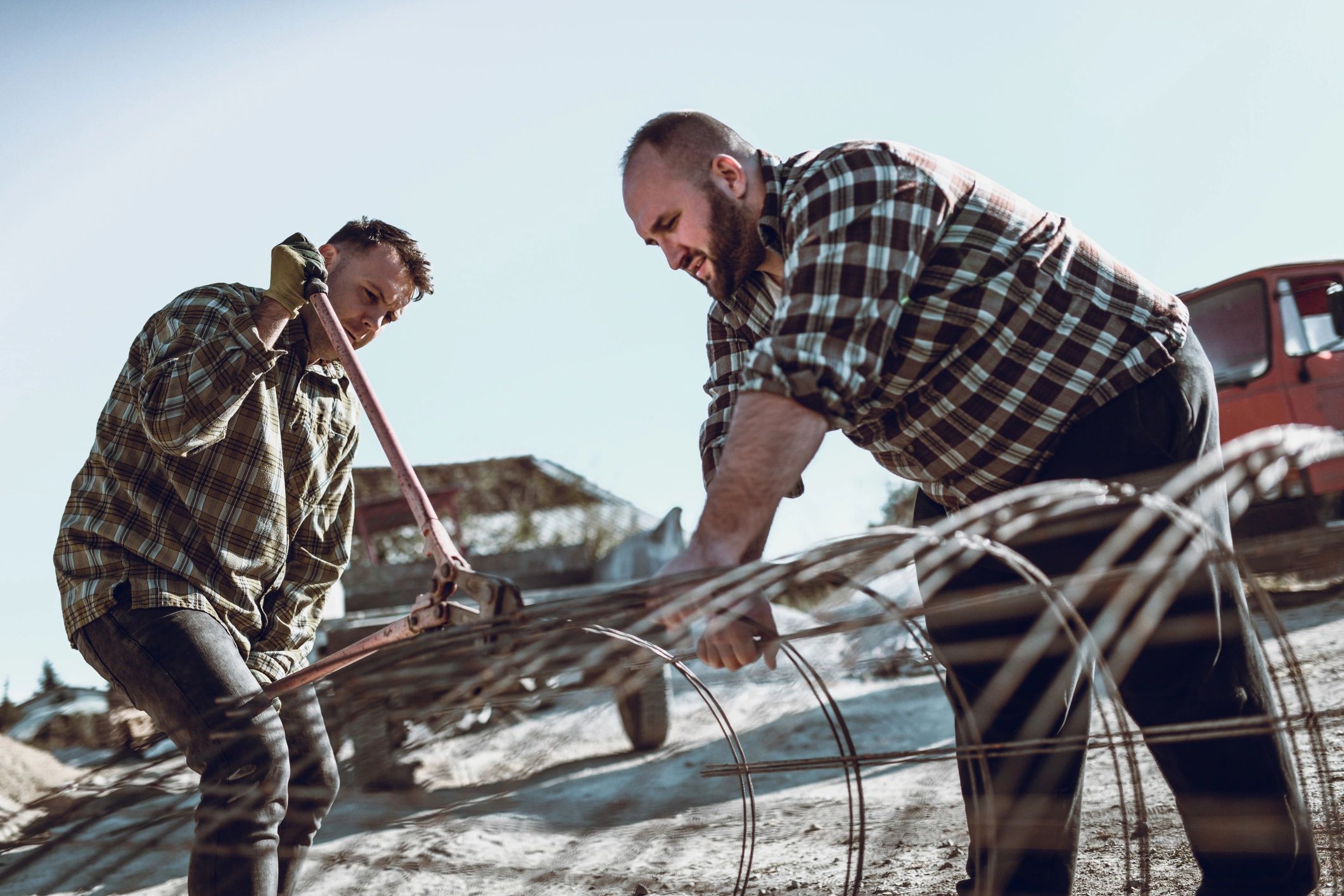 Amish builders working outdoors